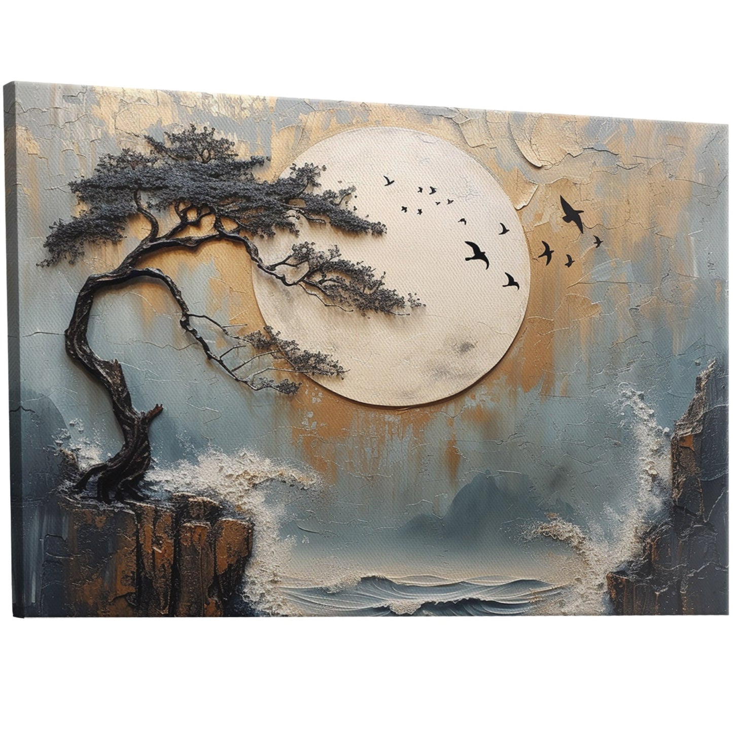 Textured Asian Painting Style Landscape - Tranquil Unity: A Balanced Journey