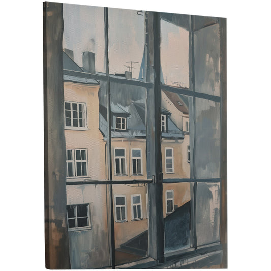 Scandinavian Nordic style wall art featuring charming city houses in soft pastel tones