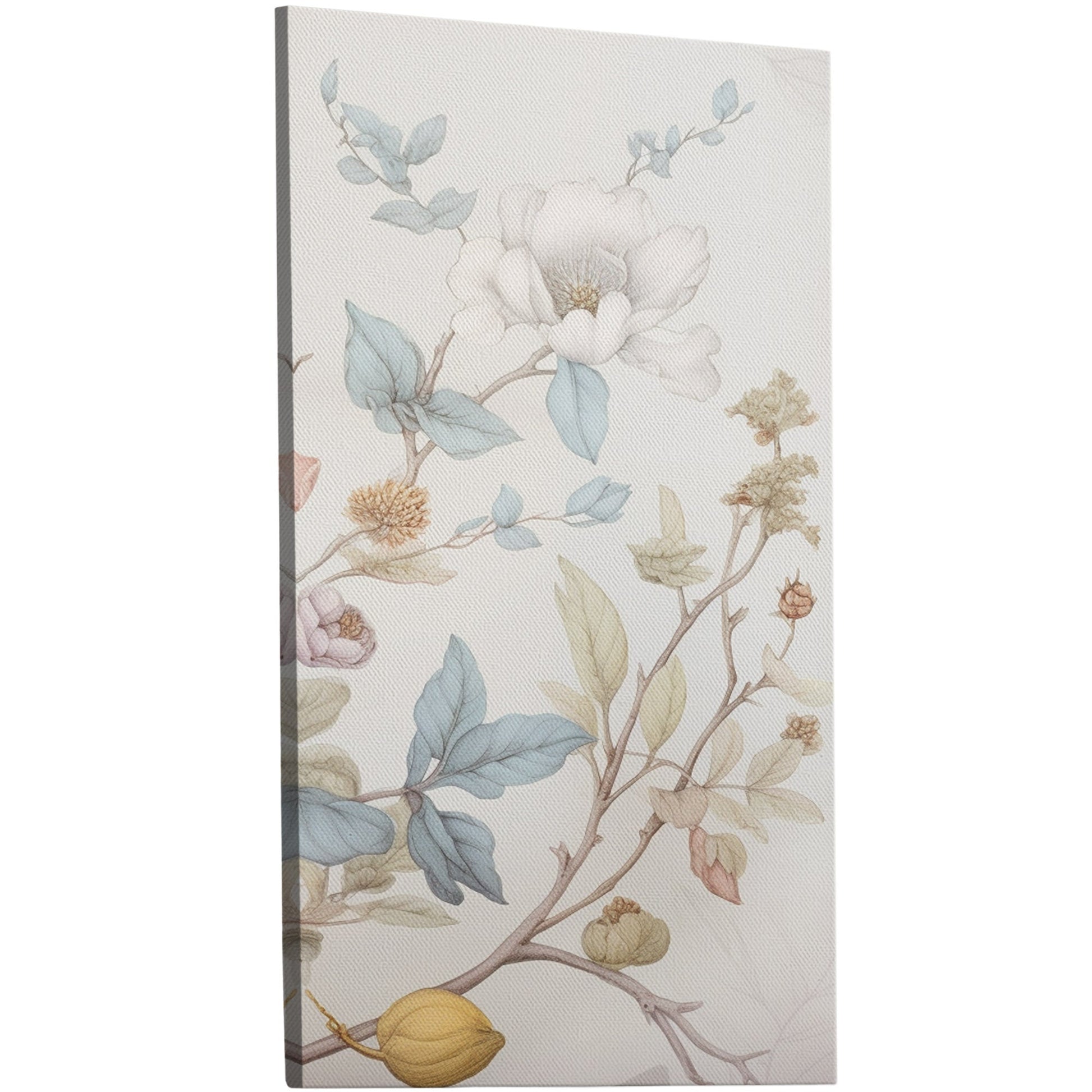 Whimsical pastel botanical mural hand-painted on white background exudes detailed charm with floral motifs & underwater-inspired color palette - ideal for adding vintage elegance & calming atmosphere to your space. Lovingly handmade nature-inspired wall art in various materials & sizes to suit every budget