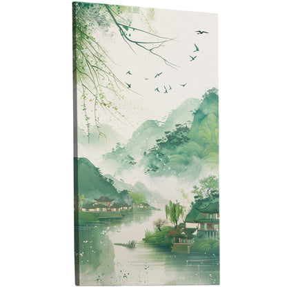 Enchanting spring scenery with green mountains and swallows flying above houses on riverbank, in traditional Chinese ink painting style - Serene Mountain Retreat