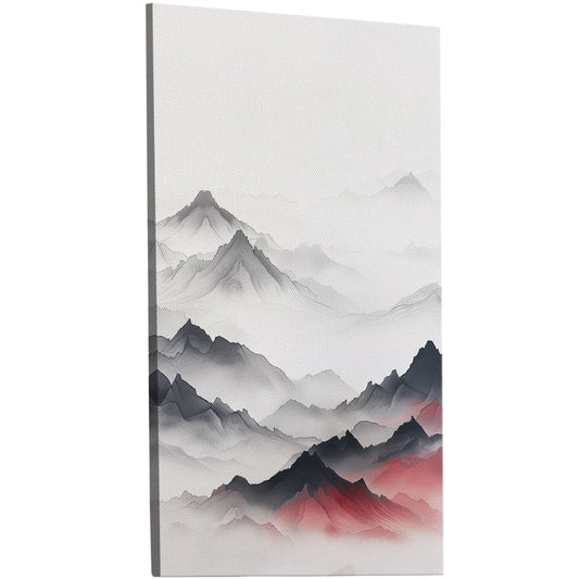 Chinese ink painting style wall art depicting elegant mountains in serene background. Handmade in various sizes and formats for any living space.