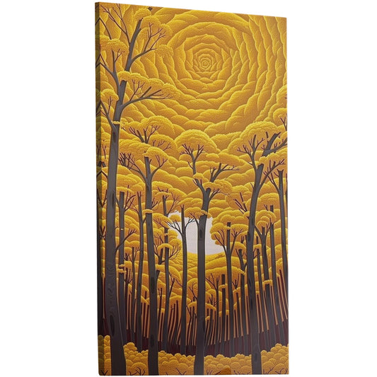 Captivating handmade wall art of old trees in golden hues evokes romantic scenes with swirling vortexes and calming symmetry