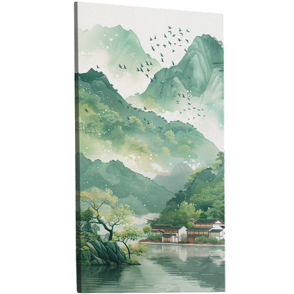 Spring scenery illustration wall art with vibrant green mountains