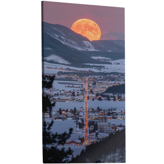 Whimsical forest village snow moon colors lighting enchanting chaos high-quality art various sizes fine art paper stretched canvas black oak walnut frame handcrafted decor focal point unique exquisite wall art.