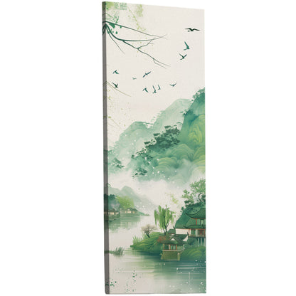 Enchanting spring scenery with green mountains and swallows flying above houses on riverbank, in traditional Chinese ink painting style - Serene Mountain Retreat