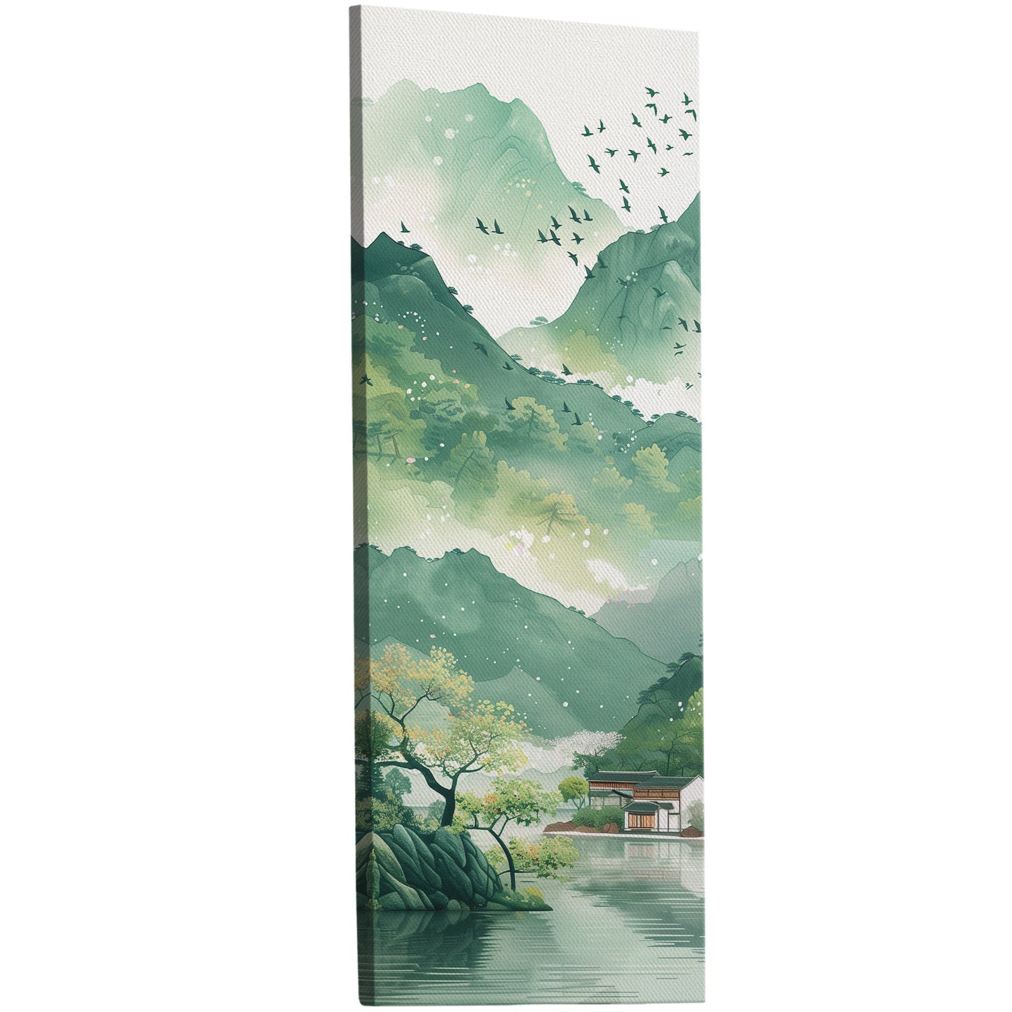 Asian Landscape watercolor with village and green mountains - Ethereal Spring Whispers