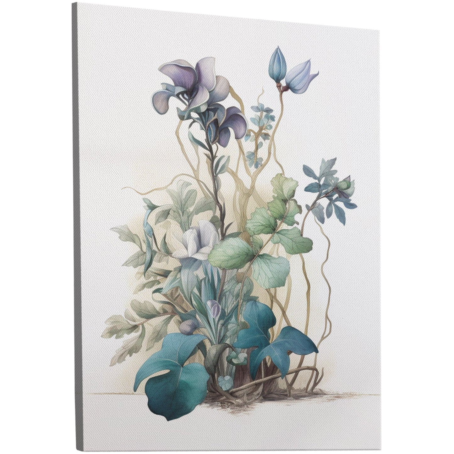 Watercolor of Wildflowers in Blues, Teals and Greens - Botanical Elegance