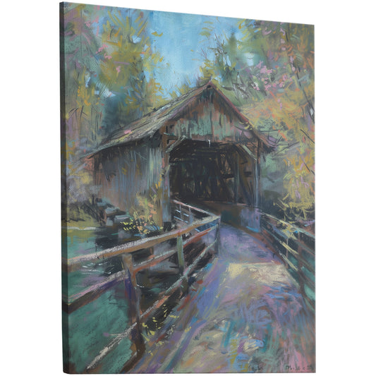 Covered bridge wall art inspired by Berthe Morisot. Soft pastel hues evoke nostalgia and tranquility. Handmade with attention to detail on high-quality materials.