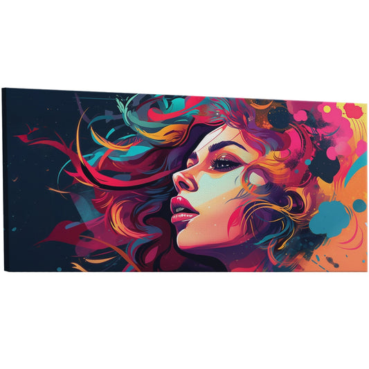 Contemporary digital illustration with bold colors and comic book-style elements. Adds excitement and visual interest to any room. Available in various sizes and frames. Make a statement in your space with this pop art-inspired wall art.