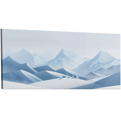 Geometric mountain village wall art in blue and white