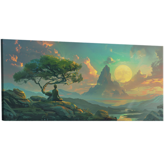 Stunning wall art inspired by Peter Mohrbacher featuring a tranquil landscape with a meditating yogi. Handmade with love