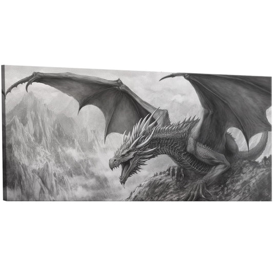 Magnificent black and white fantasy dragon flying over rugged landscape in detailed line art