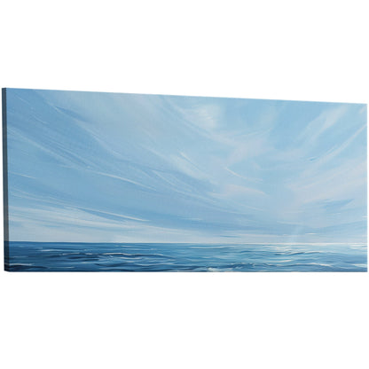 Minimalist abstract brush stroke painting of ocean and blue sky - Tranquil Seaside Serenity