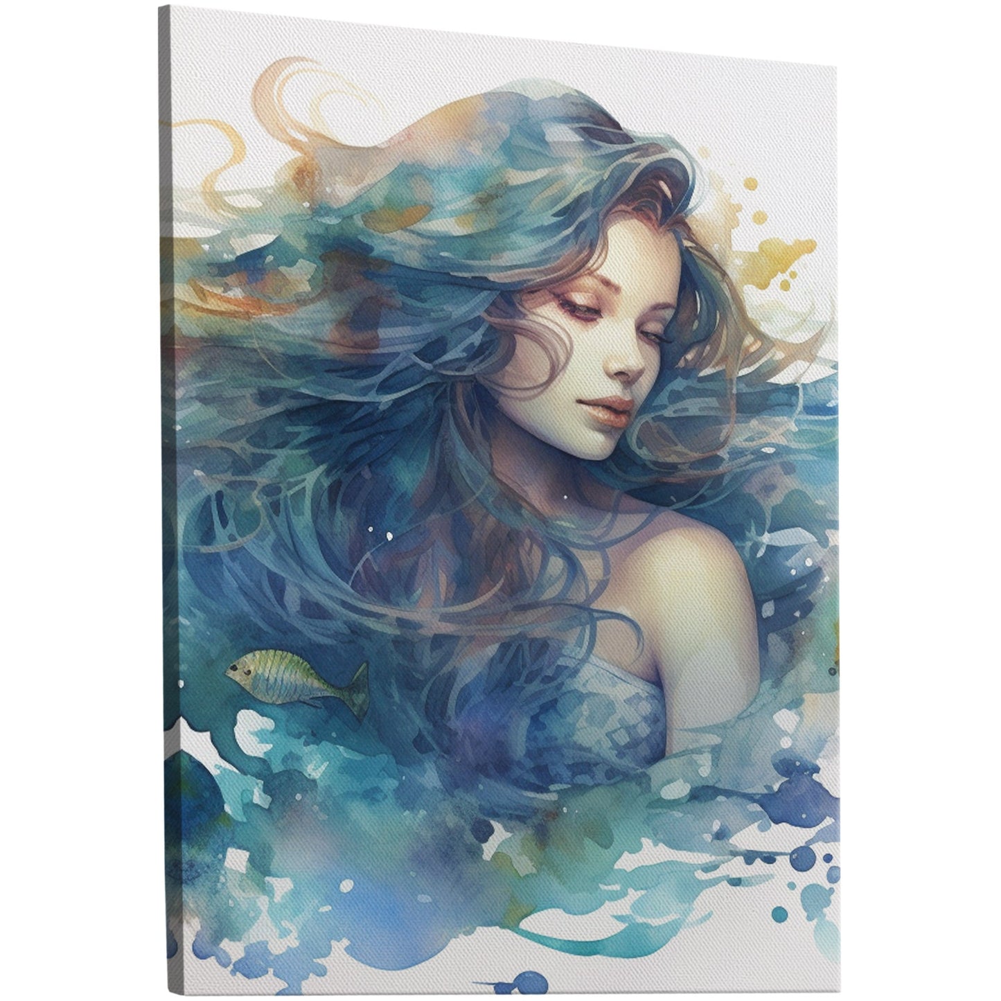 Ethereal watercolor illustration of a whimsical mermaid underwater