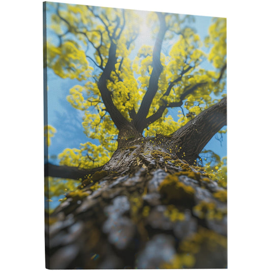 Enchanting wall art of sunlight through green leaves on tree with yellow flowers against blue backdrop. Handmade with love.