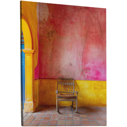 Old Wooden Chair Against a Textured Wall - Vibrant Still Life