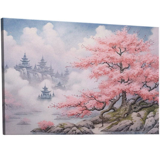 Asian Botanical Watercolor - Cherry Blossom Serenity Zen Garden