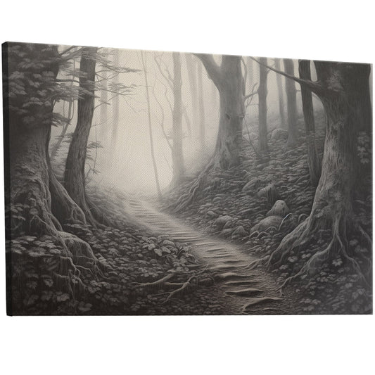 Black and White Charcoal forest path drawing - Enchanted Forest Whispers