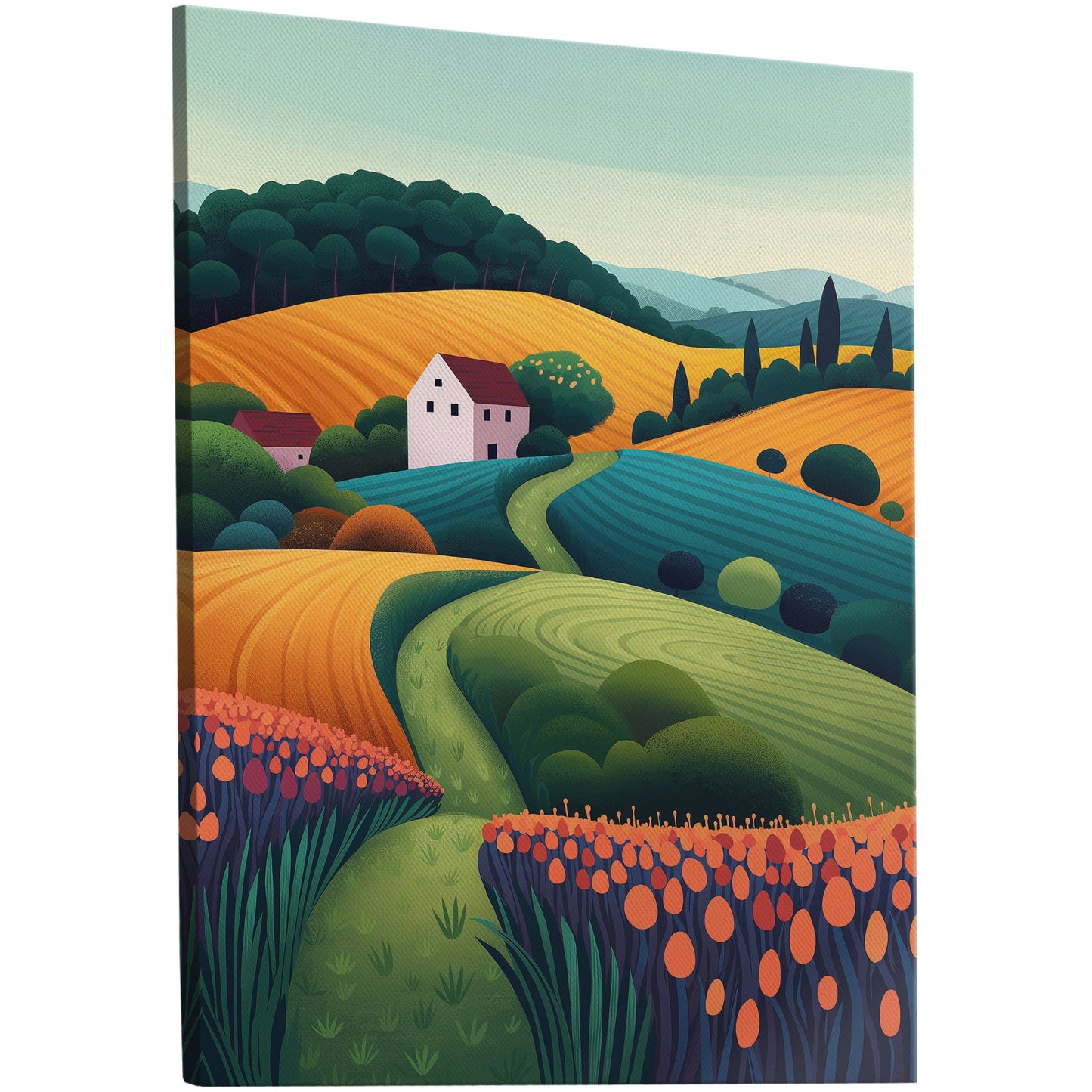 Stylized Digital Illustration of Countryside Vista - Dynamic Dreamscape