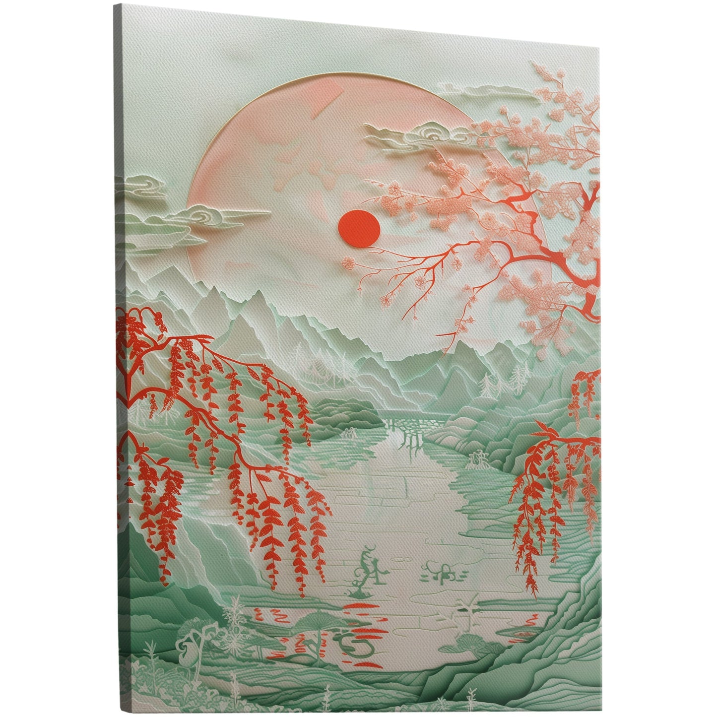 Asian Paper cut style landscape art - Ethereal Willow Dance on Crimson River