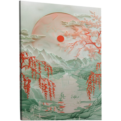 Asian Paper cut style landscape art - Ethereal Willow Dance on Crimson River