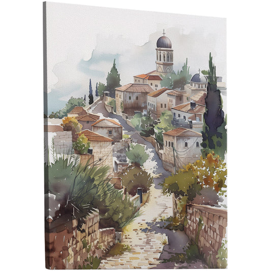 Exquisite old village wall art in soft watercolor vintage style on high-quality material. Timeless charm for any space.