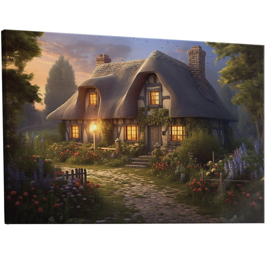 Countryside cottage wall art with rustic thatched roof and flower garden