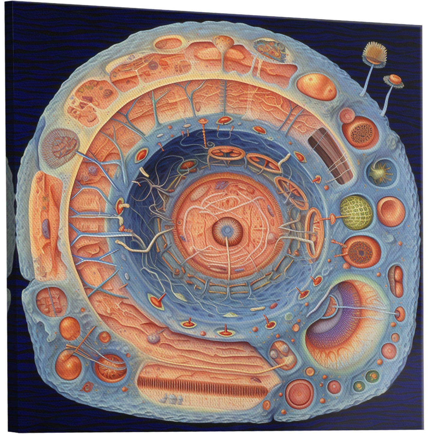 Exquisite diagram of detailed cell structures on canvas. Handmade