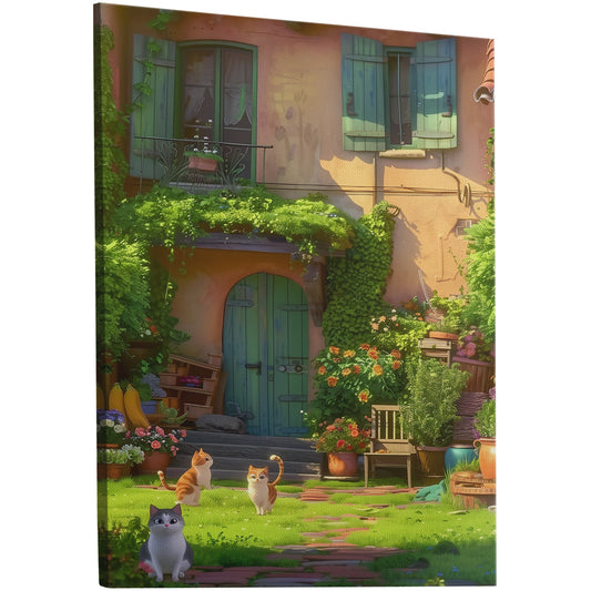 Vibrant courtyard filled with playful cats - Whimsical Feline Delight