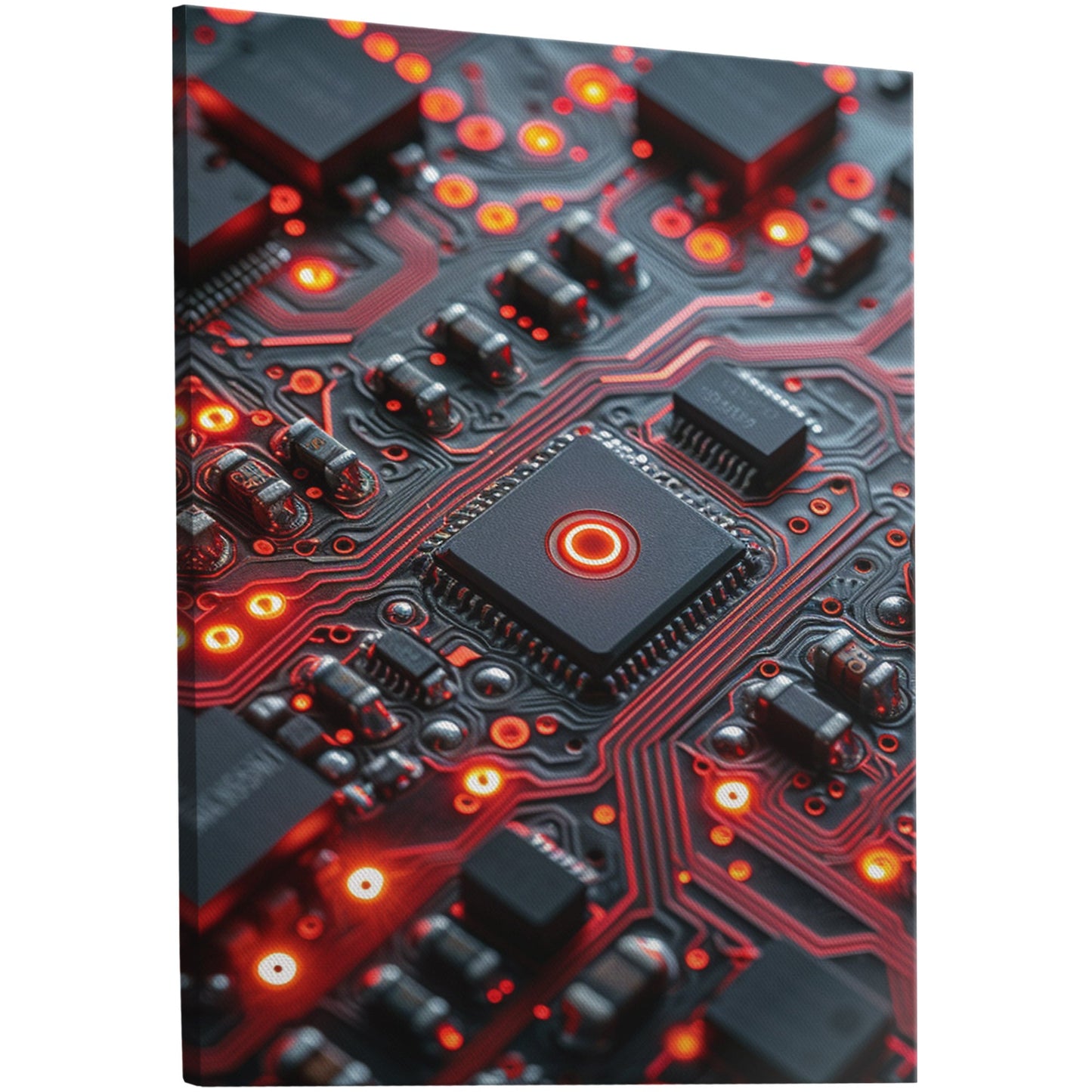 Mesmerizing electronic circuitry wall art in shades of green and red on high-quality paper or canvas