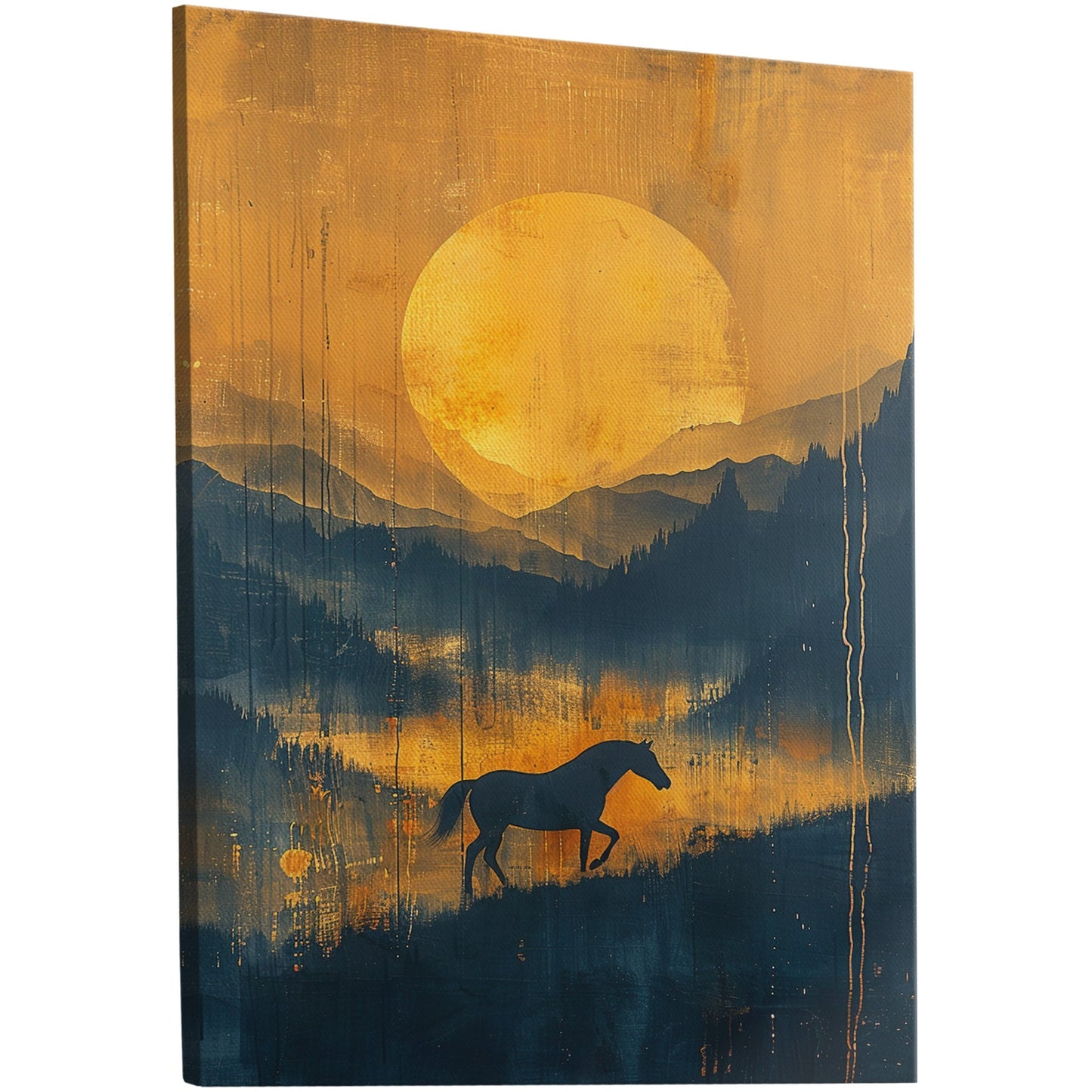 Silhouetted Horse in Mountain Landscape - Golden Gallop: Spirit of the Steppe