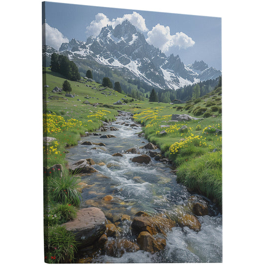 Tranquil Nature Scene with Flowing Stream and Mountains - Enchanted Serenity