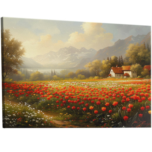 Vibrant oil painting of a field of bright tulips - Sunset Bloom Delight