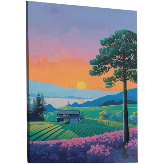 Vintage sunset house on canvas - Serenity Sunset Glow