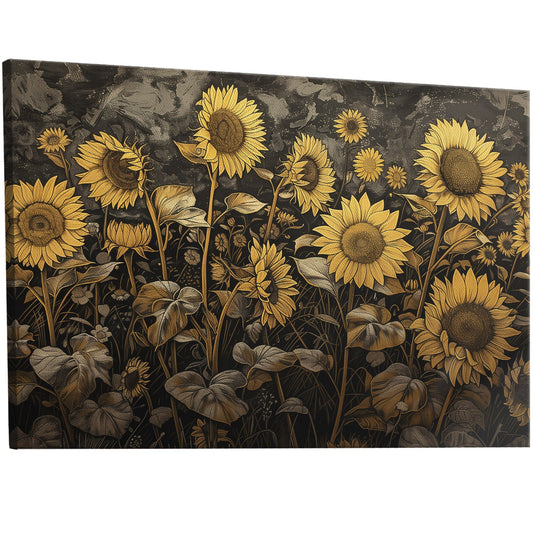 Whimsical sunflower field wall art inspired by Arthur Rackham