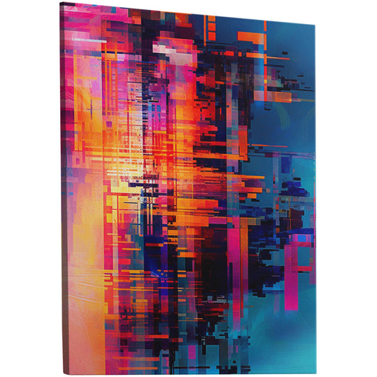 Transport yourself into a mesmerizing world of digital glitch art with vibrant abstract design available in various sizes and frames.