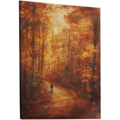 Person walking through autumn forest wall art inspired by Rembrandt