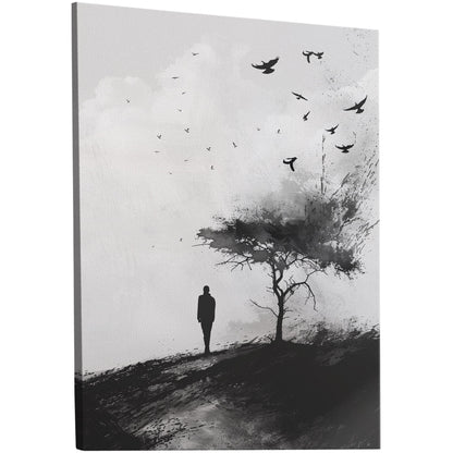 Painting of Silhouetted Man by a Tree with Blackbirds- Elegance in Monochrome