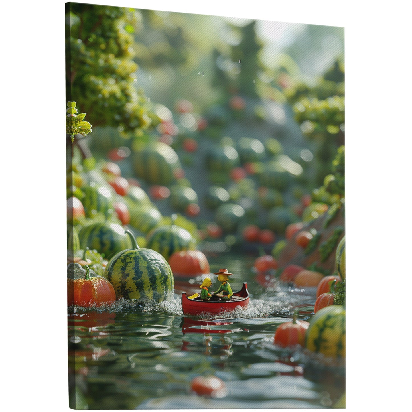 Tranquil landscape with watermelon mountain, miniature adventurers paddling red boat - Magical Watermelon Adventure