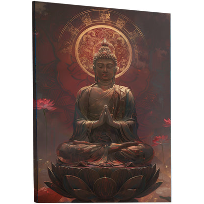 Buddha Statue in Lotus Position, Red Hues - Serene Ascension