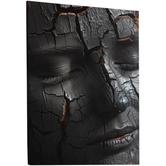 Woman's face made of wooden embers - Embered Elegance