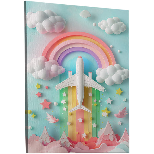 Whimsical paper-cut art featuring plane - Dreamy Rainbow Flight