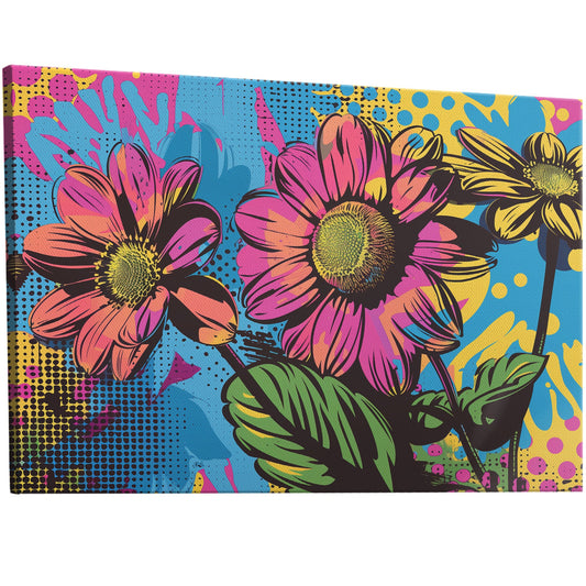 Vibrant pop art-style wall art with colorful flowers