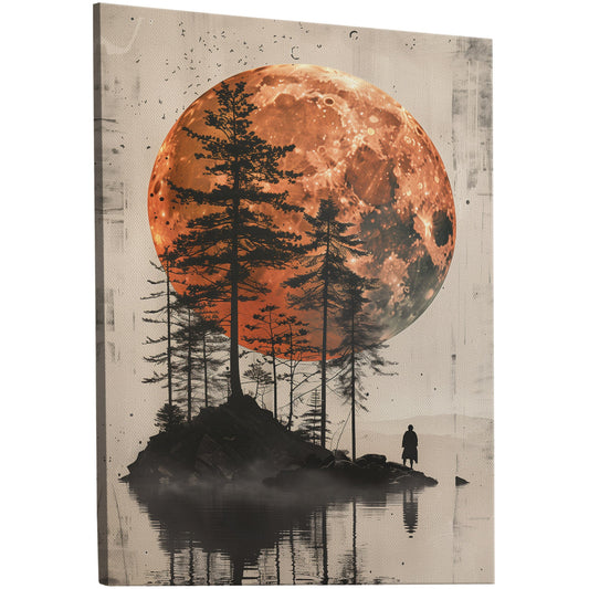 Harmony and grandeur captured in wall art: majestic pine trees under a glowing moon with an ancient Chinese figure. Minimalist simplicity