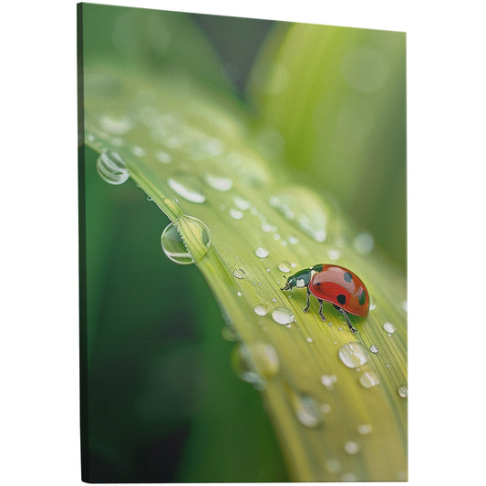 Exquisite wall art featuring ladybug on leaf with water drops