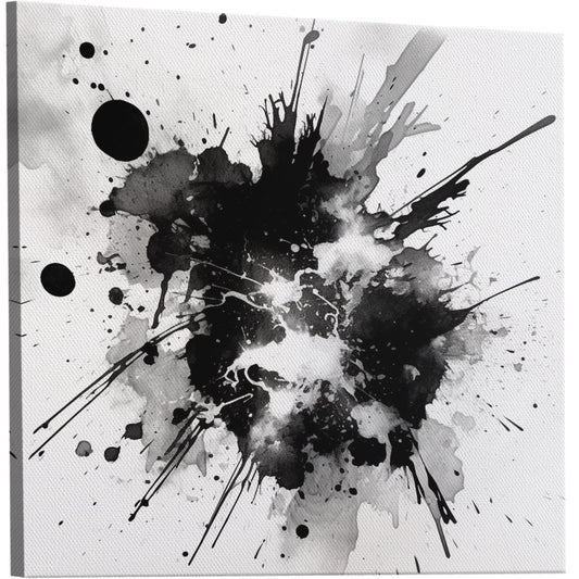 Ink splatter wall art with abstract grunge design in black and white. Handmade on high-quality materials. Versatile and modern addition to any space.