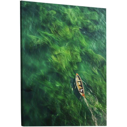 Handmade wall art of boat on lush green sea