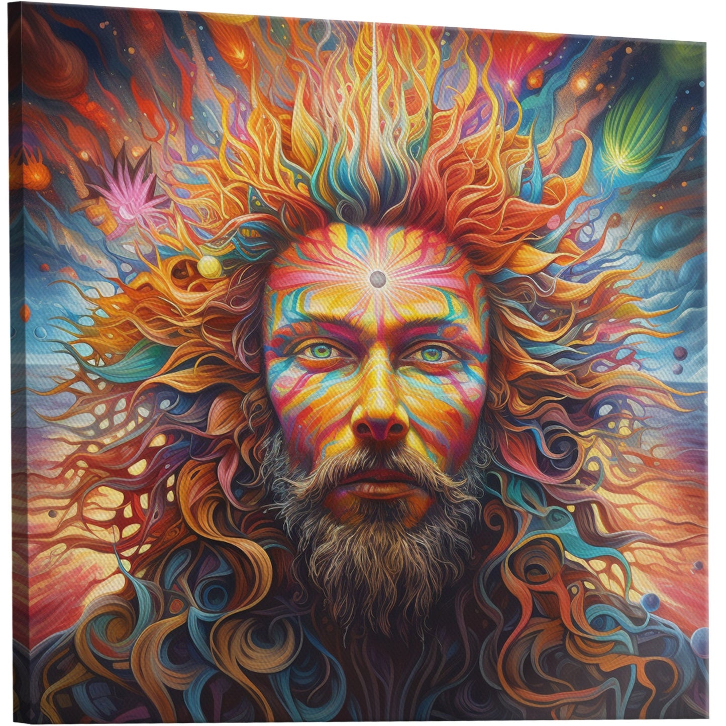 Psychedelic portrait of Oden with flowing rainbow hair