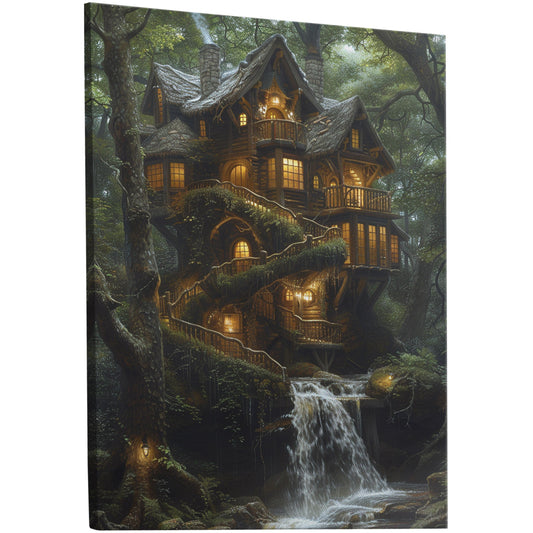 Enchanting snowy forest village art on high-quality materials for a touch of magic in any space. Handmade with love