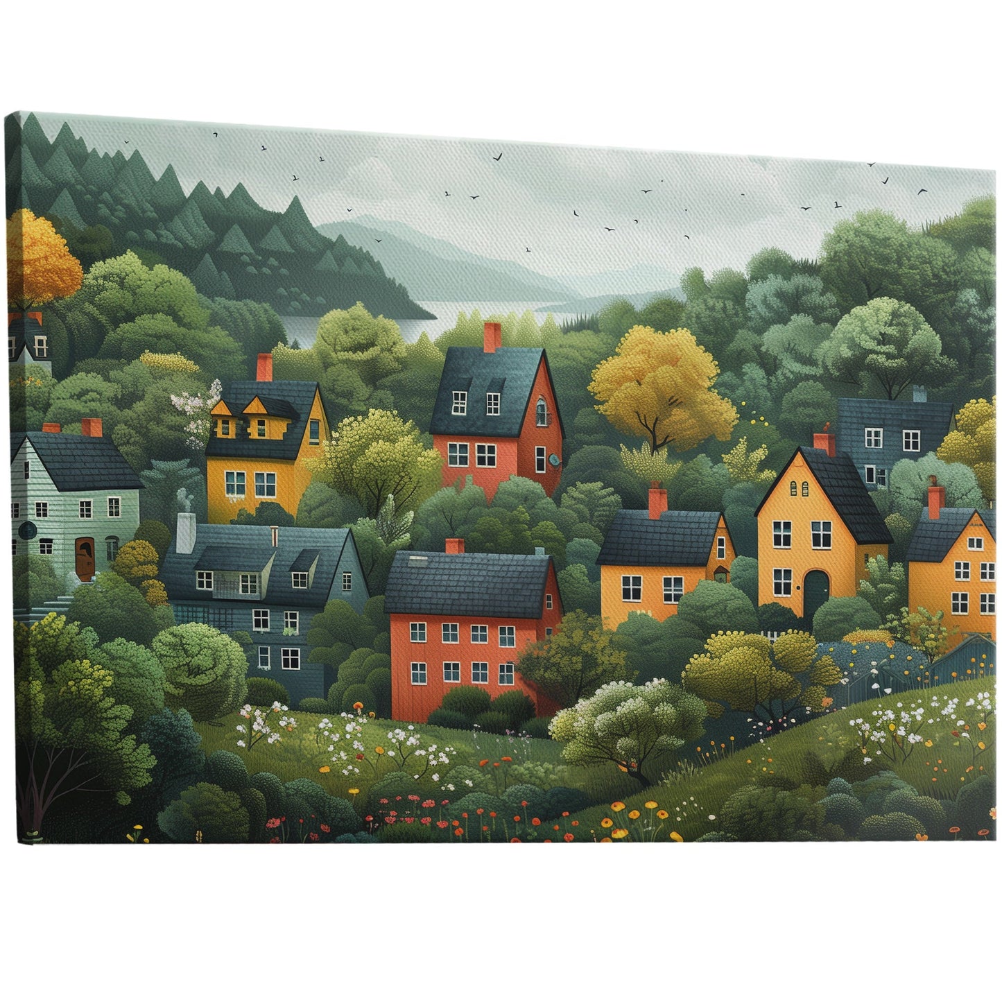 Naive art style illustration of a cute neighborhood down a hill by a lake. - Enchanting Lakeside Village